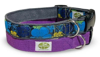 earthdog's monthly limited drop with violet hemp collar and blue flower hemp collar