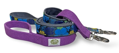 earthdog's march limited drop - violet hemp webbing leash and blue flower hemp leash
