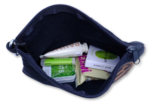 earthdog Hemp pouch filled with vegan lip balm, lotion, brownie, gum, and mints